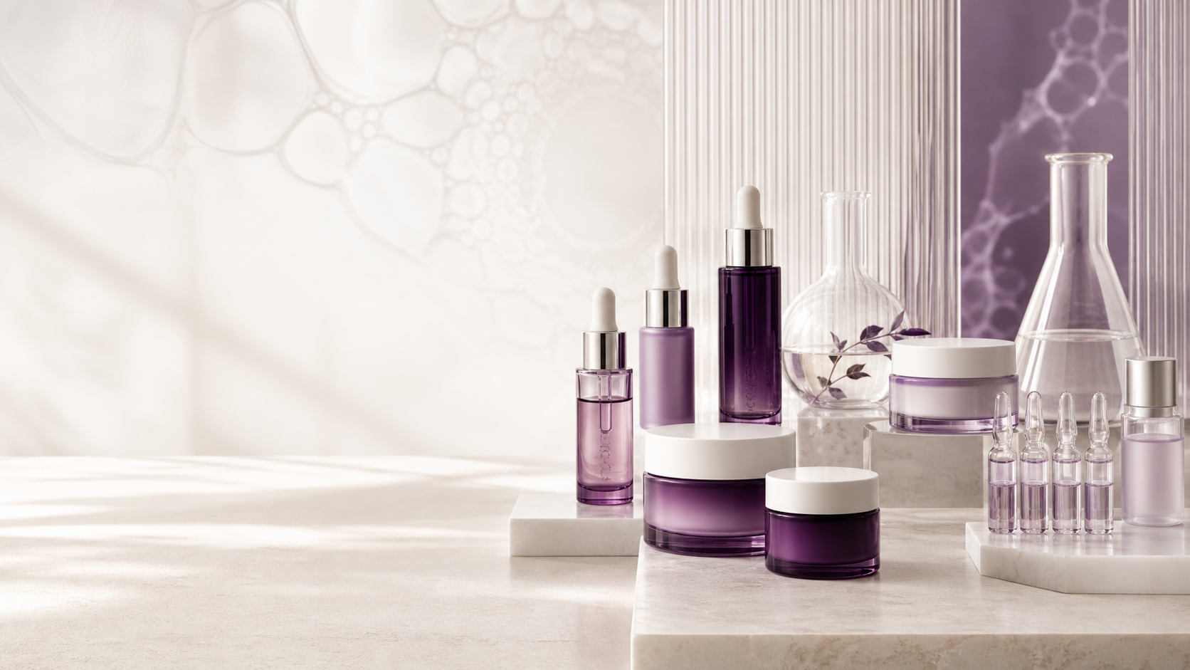 Clinical dermocosmetic skincare bottles and laboratory glassware in ivory and plum tones